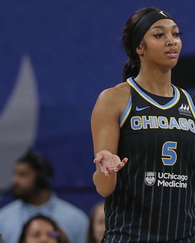 CHICAGO, IL - JUNE 04: Angel Reese #5 of the Chicago Sky reacts after being ejected from the game during the second half against the New York Liberty on June 4, 2024 at Wintrust Arena in Chicago, Illinois. (Photo by Melissa Tamez/ Icon Sportswire)