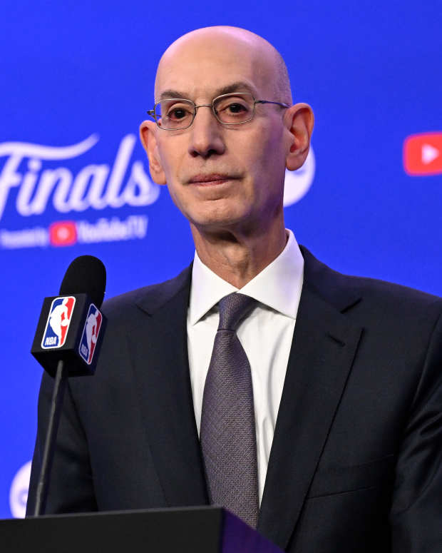 BOSTON, MA - JUNE 6: NBA Commissioner, Adam Silver speaks during a press conference before Game 1 of the 2024 NBA Finals between the Dallas Mavericks and the Boston Celtics on June 6, 2024 at the TD Garden in Boston, Massachusetts. NOTE TO USER: User expressly acknowledges and agrees that, by downloading and or using this photograph, User is consenting to the terms and conditions of the Getty Images License Agreement. Mandatory Copyright Notice: Copyright 2024 NBAE  (Photo by David Dow/NBAE via Getty Images)