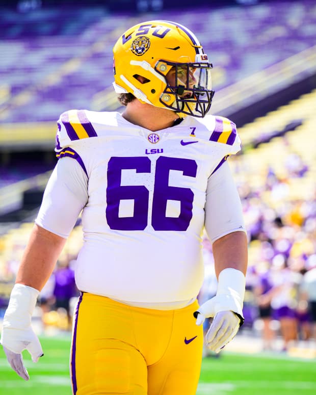BATON ROUGE, LOUISIANA - APRIL 13: Will Campbell #66 looks on during the LSU National L Club Spring Game at Tiger Stadium on April 13, 2024 in Baton Rouge, Louisiana. (Photo by Gus Stark/LSU/University Images via Getty Images)
