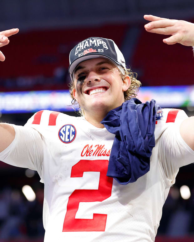 Ole Miss quarterback Jaxson Dart celebrates his team's Peach Bowl victory over Penn State.