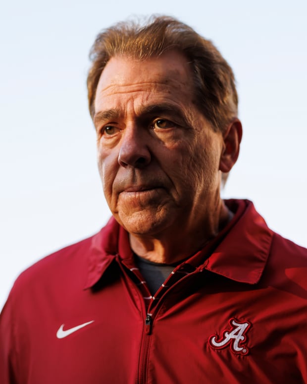 PASADENA, CALIFORNIA - JANUARY 01: Head coach Nick Saban of the Alabama Crimson Tide runs off the field at halftime during the CFP Semifinal Rose Bowl Game against the Michigan Wolverines at Rose Bowl Stadium on January 1, 2024 in Pasadena, California. (Photo by Ryan Kang/Getty Images)