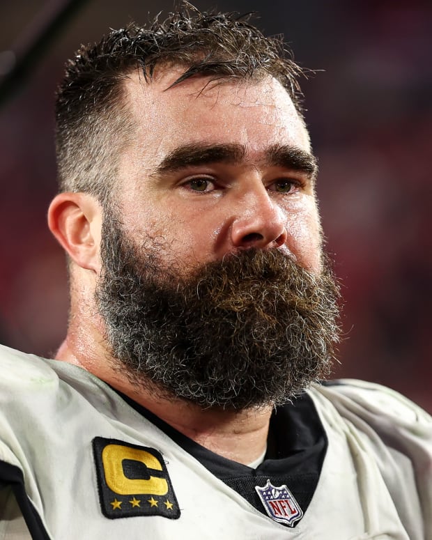 TAMPA, FL - JANUARY 15: Jason Kelce #62 of the Philadelphia Eagles looks on after an NFL wild-card playoff football game against the Tampa Bay Buccaneers at Raymond James Stadium on January 15, 2024 in Tampa, Florida. (Photo by Kevin Sabitus/Getty Images)