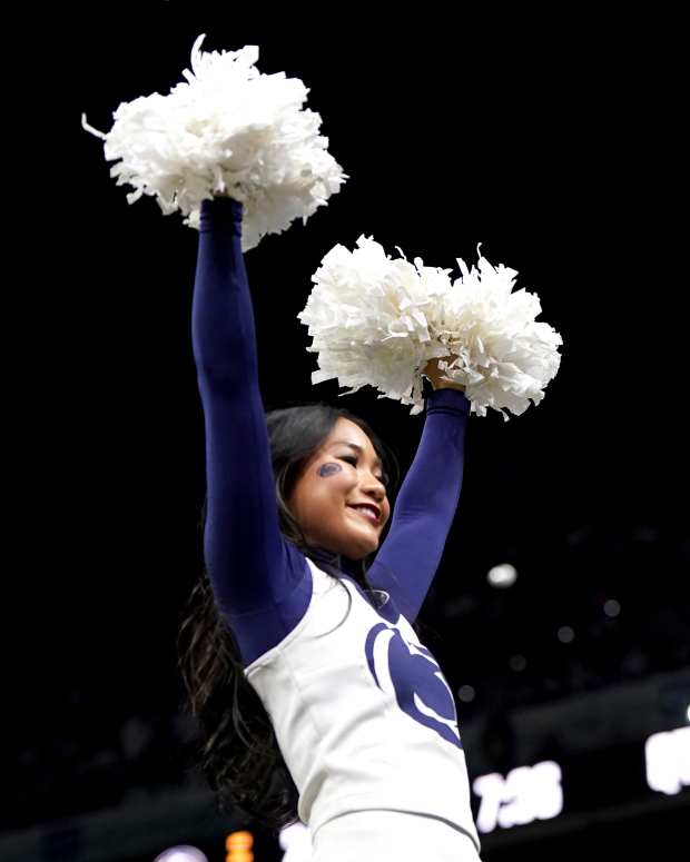 Penn State cheerleader in action.