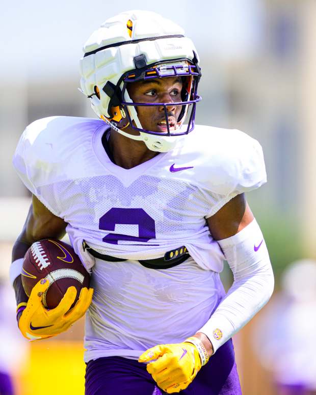 BATON ROUGE, LA - AUGUST 5: Kyren Lacy #2 of the LSU Tigers during fall practice on August 5, 2024 at the LSU Practice Facility in Baton Rouge, Louisiana. (Photo by LSU Athletics/University Images via Getty Images)
