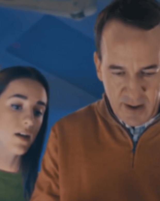 Peyton Manning and Caitlin Clark in a commercial.