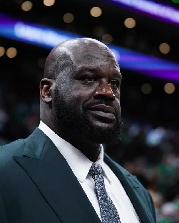 Shaquille O'Neal looks on before the game between the Boston Celtics and the Dallas Mavericks in game one of the 2024 NBA Finals.