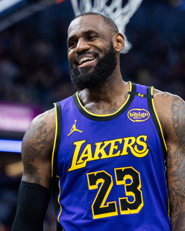 Los Angeles Lakers forward LeBron James (23) reacts in the second half against the Indiana Pacers.