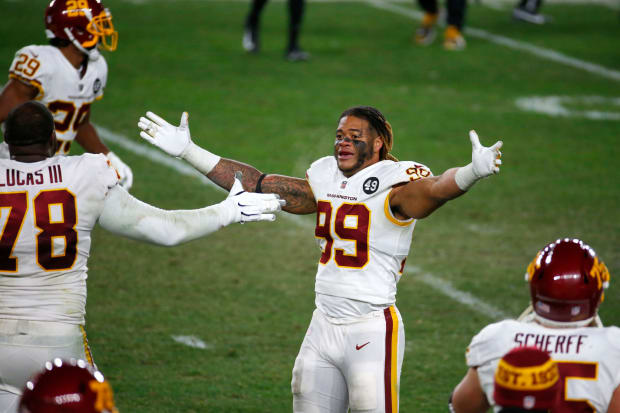 Washington Football Team defensive end Chase Young (99) wears tape on his  facemask in honor of Sean Taylor during an NFL football game against the  Kansas City Chiefs, Sunday, Oct. 17, 2021