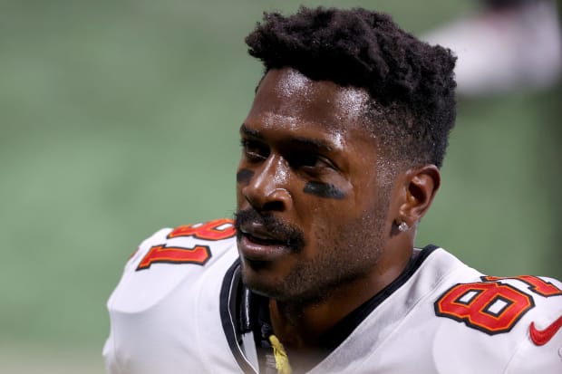 Antonio Brown of the Tampa Bay Buccaneers reacts during the first