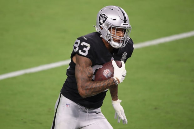 Tight end (83) Darren Waller of the Las Vegas Raiders warms up