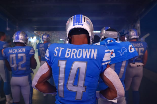 DETROIT, MI - NOVEMBER 06: Detroit Lions Wide Receiver (14) Amon-Ra St.  Brown in action during the game between Green Bay Packers and Detroit Lions  on November 6, 2022 in Detroit, MI (