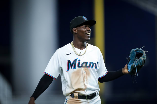 Jazz Chisholm Jr. #2 of the Miami Marlins rounds the bases after in 2023