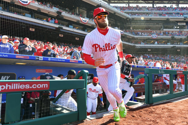 Bryce Harper of the Philadelphia Phillies stands at first base with