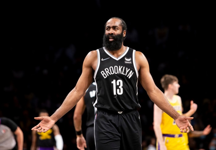 James Harden on the Nets against the Lakers.