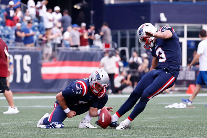 Quinn Nordin kicks for the Patriots.