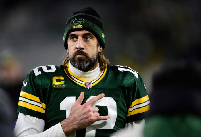 Green Bay Packers quarterback Aaron Rodgers on the field.