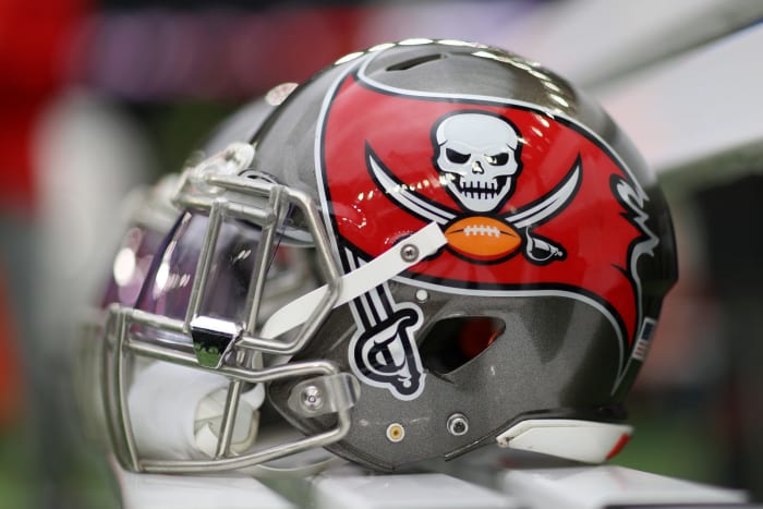 Tampa Bay Buccaneers helmet on the sideline.