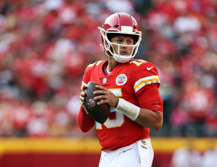 Chiefs quarterback Patrick Mahomes on the field.
