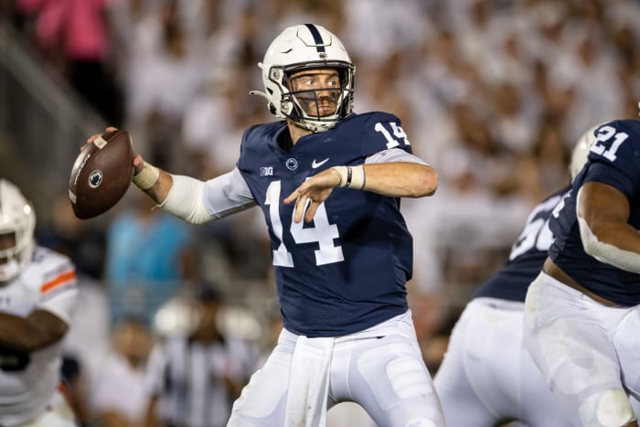 Penn State's Sean Clifford throws a pass against Auburn.