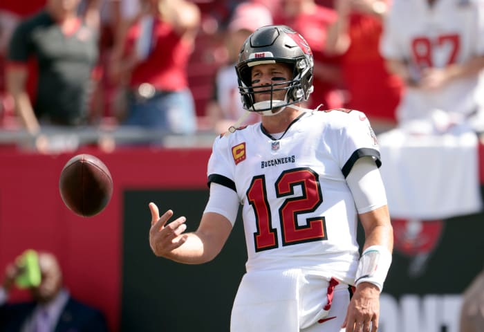 Tom Brady in the warmups before the Falcons game.