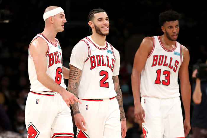 Chicago Bulls Alex Caruso, Lonzo Ball and Tony Bradley.