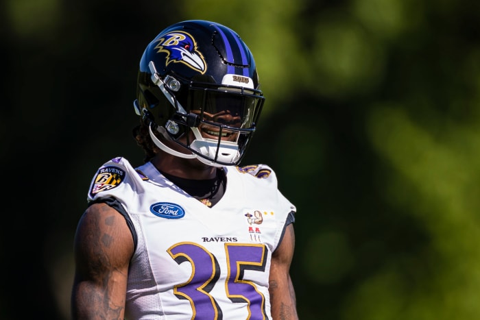 Gus Edwards on the field at Ravens training camp.