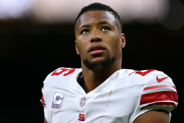 New York Giants running back Saquon Barkley on the field.