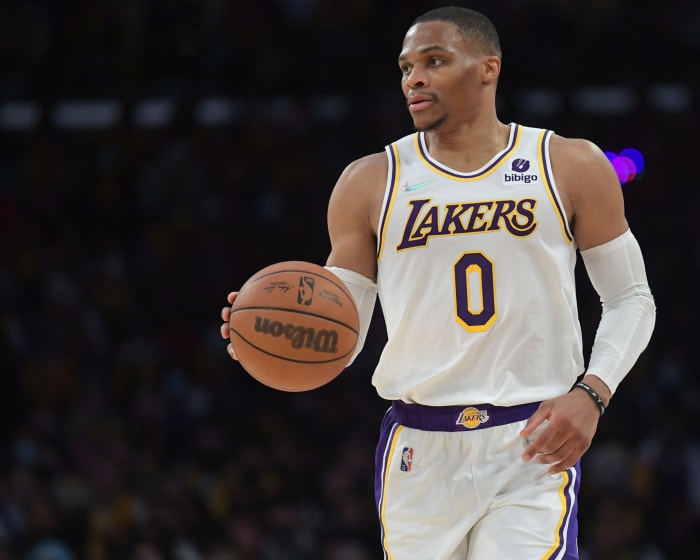 Los Angeles Lakers point guard Russell Westbrook dribbles the ball.