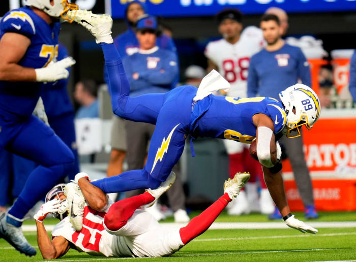 Los Angeles Chargers tight end Donald Parham gets tackled during a game.