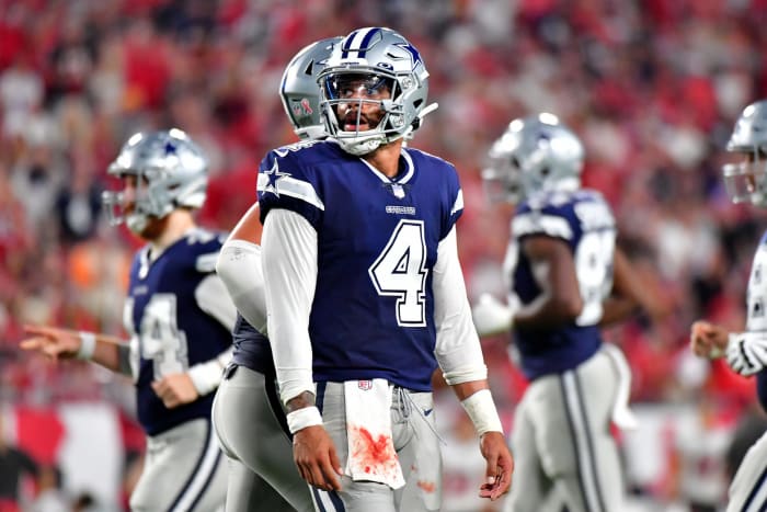 Dak Prescott looks on against the Bucs.