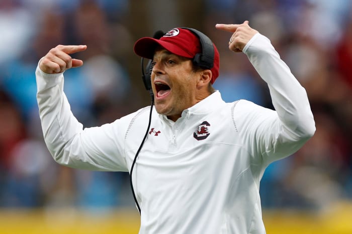 South Carolina head football head coach Shane Beamer yells from the sideline during a game.