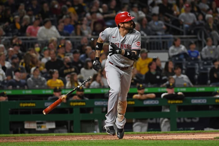 Cincinnati Reds slugger Nick Castellanos after an at bat.
