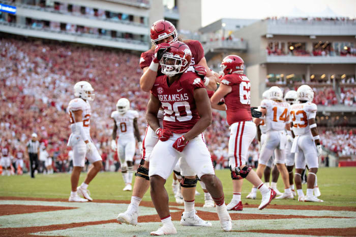 Arkansas celebrates a touchdown.