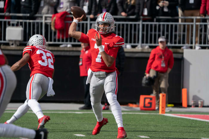 CJ Stroud attempts a pass.