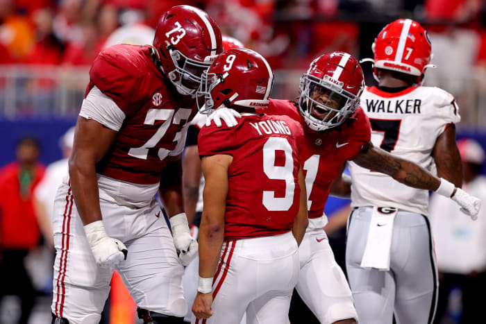 Alabama quarterback Bryce Young celebrates in the 2021 SEC Championship.