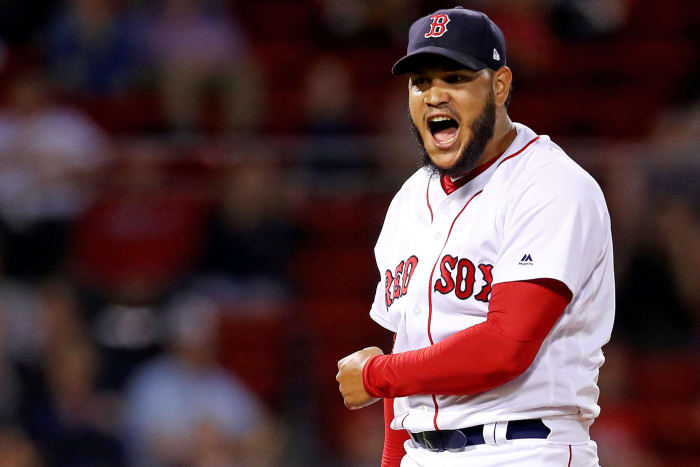 Boston Red Sox pitcher Eduardo Rodriguez celebrates.