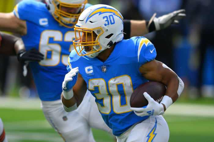 Chargers running back Austin Ekeler carries the ball.