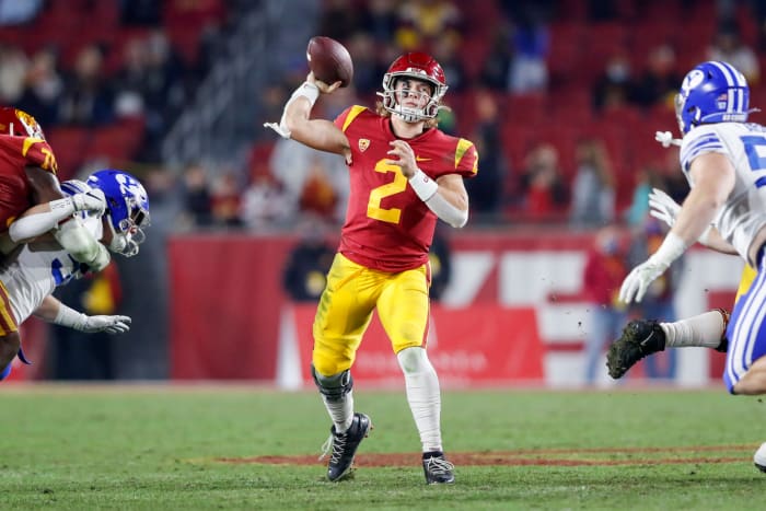 USC quarterback Jaxson Dart attempts a pass.