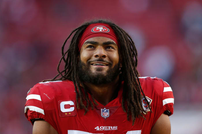 A closeup head shot of 49ers linebacker Fred Warner.