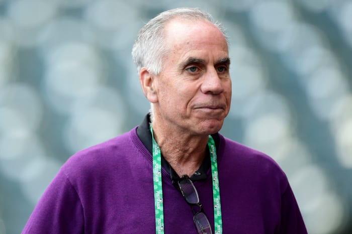 A closeup of longtime baseball writer Tim Kurkjian on the field before a game.