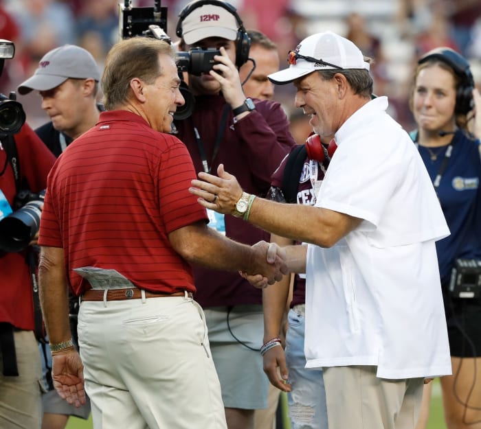 Jimbo Fisher and Nick Saban embrace ahead of Alabama at Texas A&M.