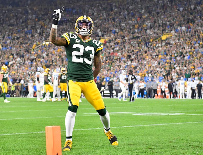 Jaire Alexander reacts on the field.
