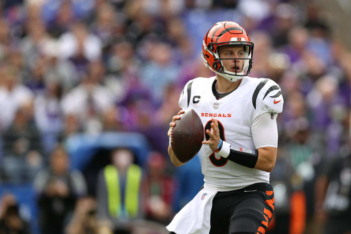 Cincinnati Bengals second-year quarterback Joe Burrow on the field.