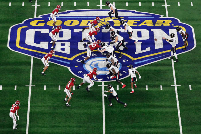 An overhead shot of the midfield logo during the Cotton Bowl.
