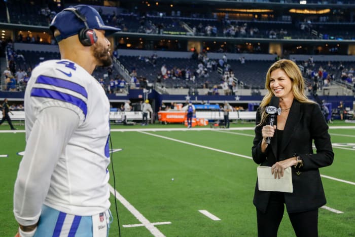 Dak Prescott on the field with FOX's Erin Andrews.