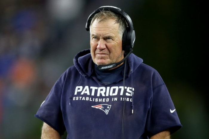 New England Patriots head coach Bill Belichick on the field.