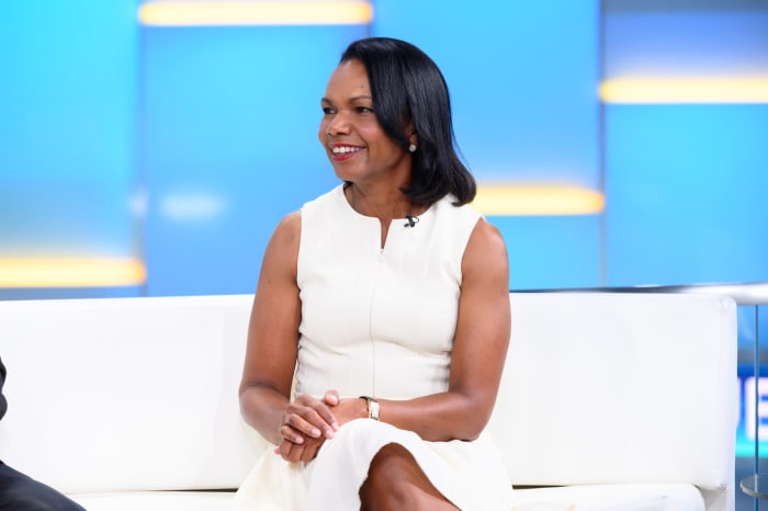 Former U.S. Secretary Of State Condoleeza Rice sits for a television appearance.