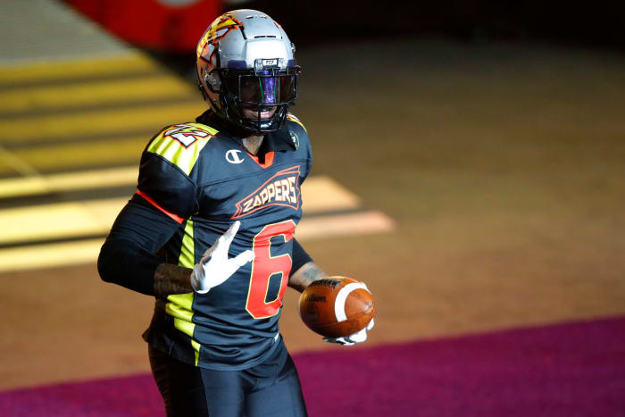 Josh Gordon celebrates a touchdown in a Fan Controlled Football game.