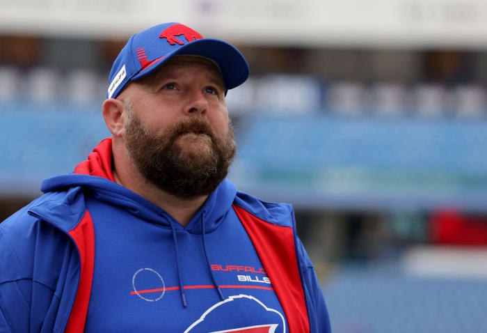 Buffalo Bills offensive coordinator Brian Daboll looks on.