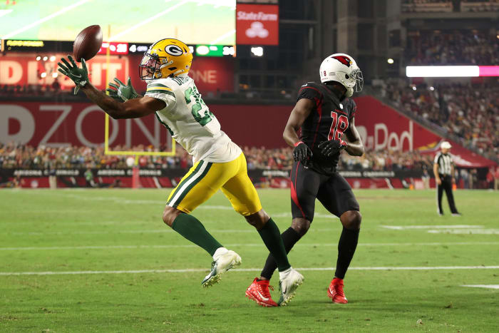 Green Bay Packers cornerback Rasul Douglas picks off a pass intended for A.J. Green.